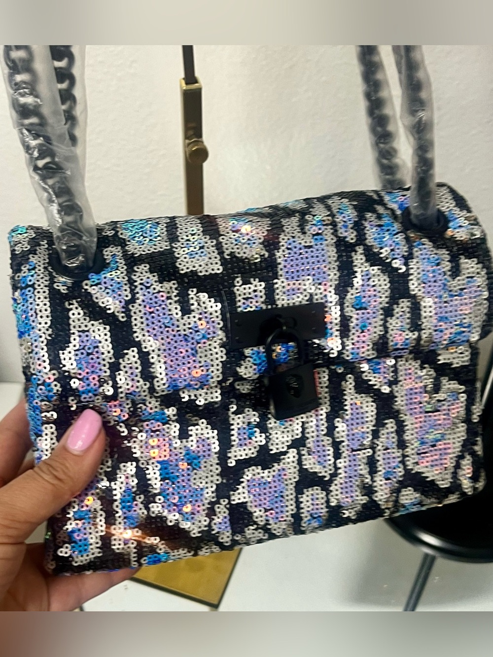 Kurt Geiger Iridescent Sequin Shoulder Bag with Black Trim